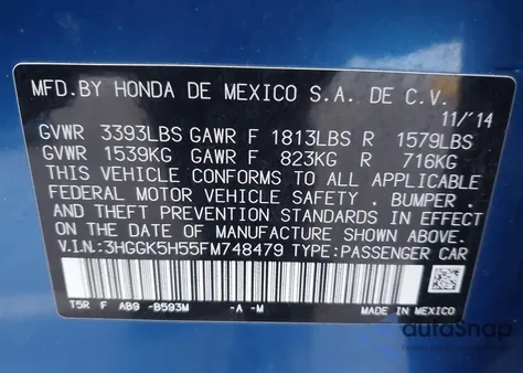 2015 Honda Fit Lx z USA, uszkodzony, nr VIN 3HGGK5H55FM748479